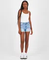 Indigo Rein Juniors' Floral Frayed-hem Denim Shorts In Dark Blue,white