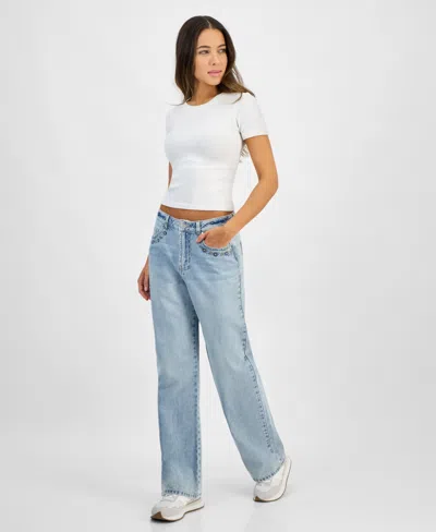 Indigo Rein Juniors' High-rise Embroidered Wide-leg Jeans In Light Blue