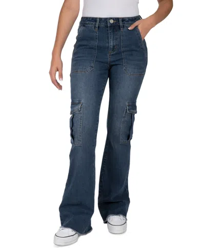 Indigo Rein Juniors' High-rise Flare-leg Cargo Jeans In Dark Wash