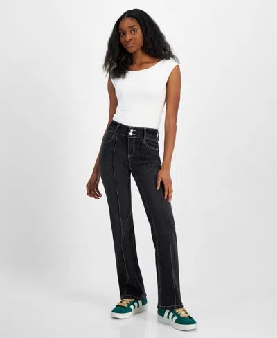 Indigo Rein Juniors' Mid-rise Seam-front Bootcut Jeans In Black
