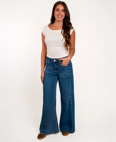 Indigo Rein Juniors' High-waisted Wide-leg Studded Jeans, 28-1/2" Inseam In Blue