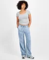 Indigo Rein Juniors' Cotton Wide-leg Drawstring Jeans In Blue