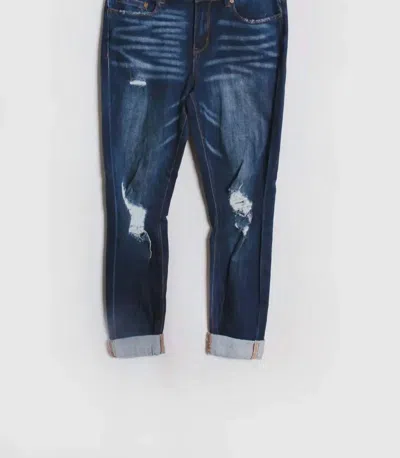 Indigo Rein Women‚äôs High Waist Cuff Crop Distressed Jeans In Dark Blue
