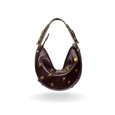 Indigolush Women's Red Hobo Adjustable Hand Shaped Leather Bag Mini Studded Black Cherry Two Hands Smooth