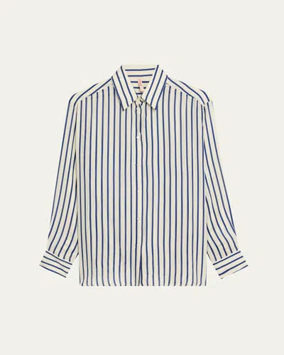Indress Anais Stripe Button Down Silk Blouse In Ecru Blue