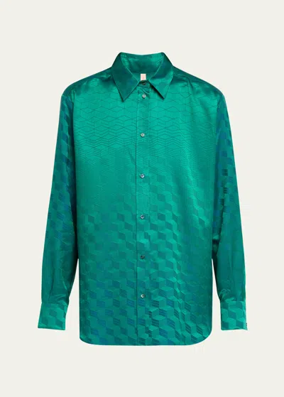 Indress Geometric Jacquard Button Down Blouse In Green