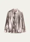 Indress Jane Button Down Shiny Silk Metallic Blouse In Dark Silver