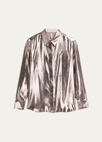 Indress Jane Button Down Shiny Silk Metallic Blouse In Dark Silver