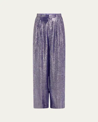 Indress Metallic Voile Pleated Wide Leg Pants In Purple