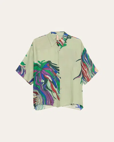 Indress Organic Abstract Button Down Silk Shirt In Multicolored Almond