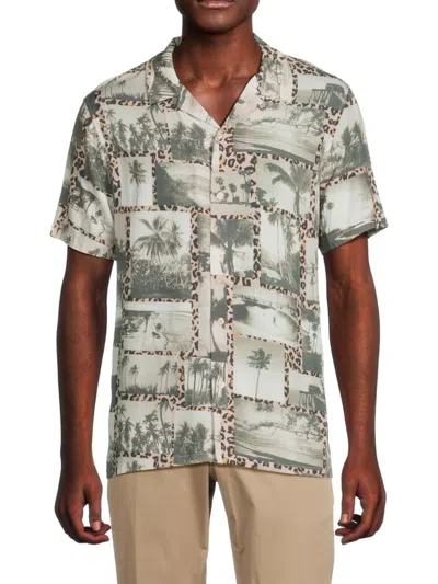 Industry Men's Leopard Print Palm Tree Camp Shirt In Grey Multicolor