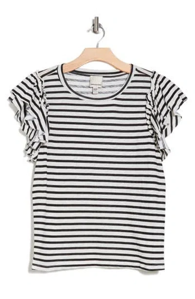 Industry Republic Clothing Double Flutter Ruffle Sleeve Pima Cotton T-shirt In Black/ivory Stripe