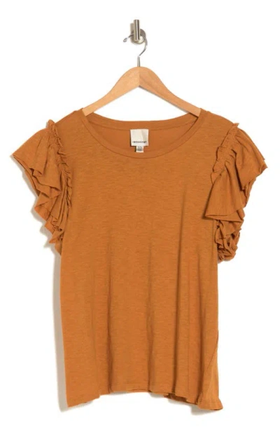 Industry Republic Clothing Double Flutter Ruffle Sleeve Pima Cotton T-shirt In Vintage Bronze