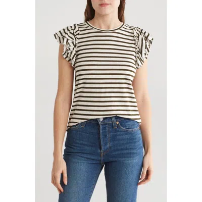 Industry Republic Clothing Double Flutter Sleeve Cotton Top In Olive/ivory Stripe