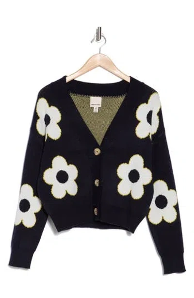 Industry Republic Clothing Floral Jacquard Cardigan In Navy White Citron