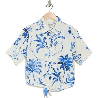 Industry Republic Clothing Printed Tie Front Button-up Shirt In White/blue Watercolor Garden
