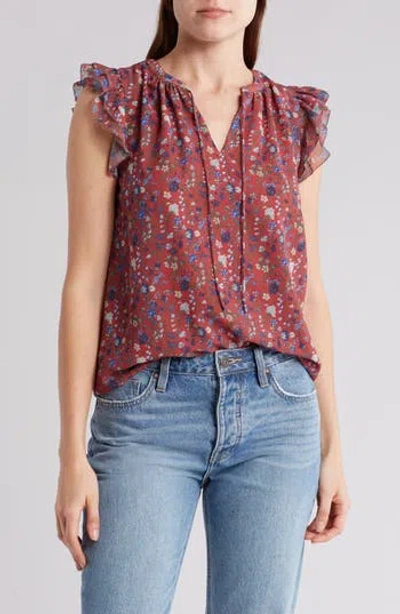 Industry Republic Clothing Ruffle Split Neck Top In Red/blue Ditsy Botanical