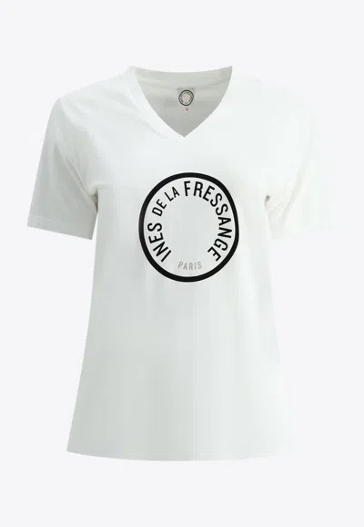 Ines De La Fressange Logo-printed V-neck T-shirt In White