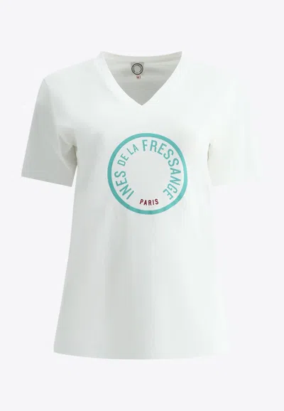 Ines De La Fressange Logo-printed V-neck T-shirt In White