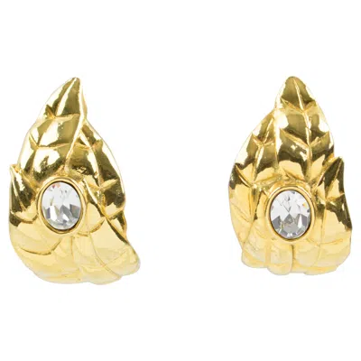 Pre-owned Ines De La Fressange Paris Jeweled Clip Earrings Gilt Metal Carved Leaf In Multi