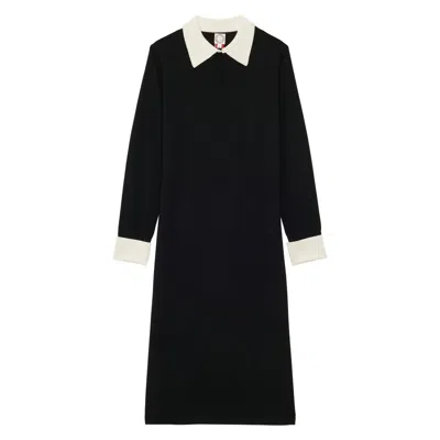 Ines De La Fressange Robe Gabby En Laine Mérinos Noire, Poignets Blancs