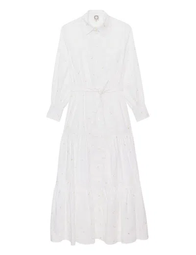Ines De La Fressange Robe Léna Longue À Volants Blanc Et Tissu Brodé