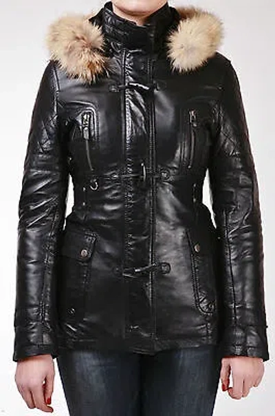 Pre-owned Infinity Black Hooded Fur Ladies Retro Real Lambskin Nappa Leather Duffle Jacket Coat
