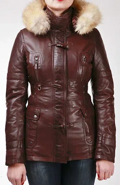 Pre-owned Infinity Chestnut Brown Hooded Fur Ladies Real Lambskin Nappa Leather Duffle Jacket Coat