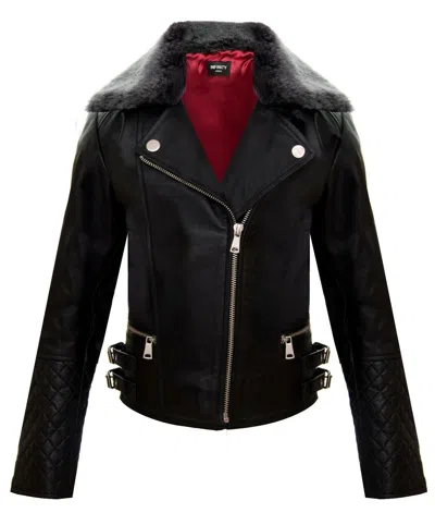 Infinity Junior Kids Jackets Girls 100% Leather Detachable Collar Biker Jackets (3-13 Years) In Black