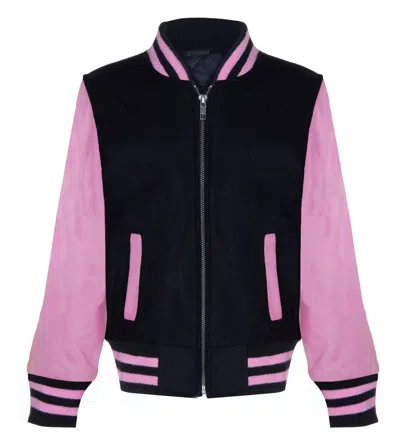 Infinity Junior Kids Varsity Black & Pink Bomber Jacket With Real Leather Sleeves 3-13 Yrs