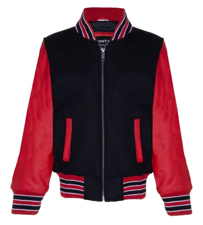 Infinity Junior Kids Varsity Black & Red Bomber Jacket With Real Leather Sleeves 3-13 Yrs In Multi