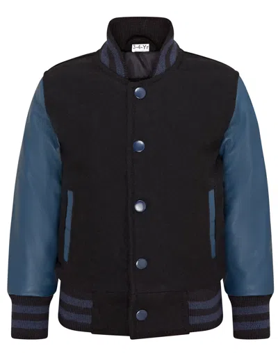 Infinity Junior Kids Wool Varsity Bomber Jacket With Real Leather Sleeves 3-13 Yrs In Multi