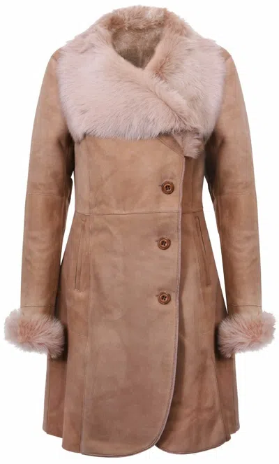 Pre-owned Infinity Ladies Beige Suede Merino Shearling Sheepskin Leather Coat With Toscana Collar