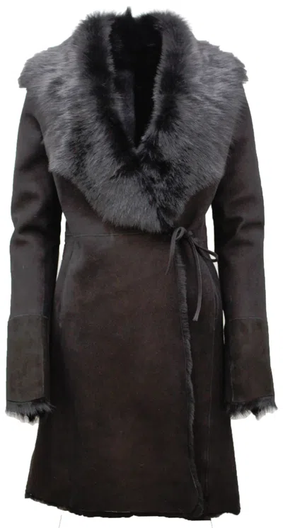 Pre-owned Infinity Ladies Black 3/4 Wrap Toscana And Merino Sheepskin Leather Coat