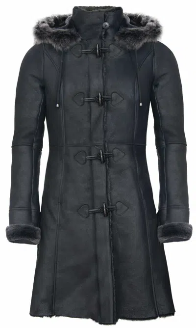 Pre-owned Infinity Ladies Black Snowtip Merino Shearling Sheepskin Hooded Duffle Coat