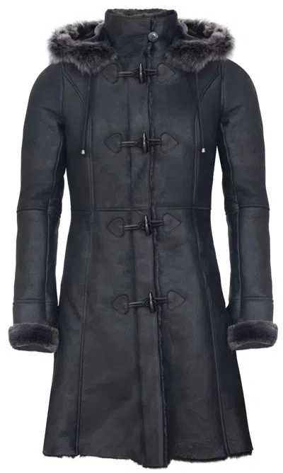 Pre-owned Infinity Ladies Black Snowtip Merino Shearling Sheepskin Hooded Duffle Coat