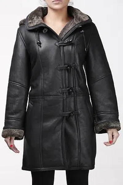 Pre-owned Infinity Ladies Black Winter Warm Real Shearling Sheepskin Leather Duffle Coat