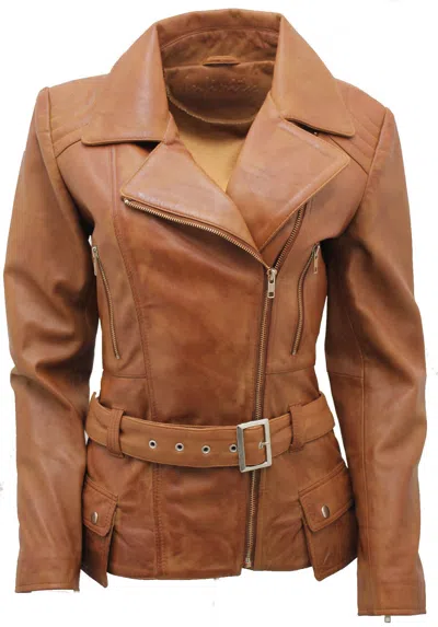 Pre-owned Infinity Ladies Tan Vintage Long Feminine Leather Biker Jacket In Brown