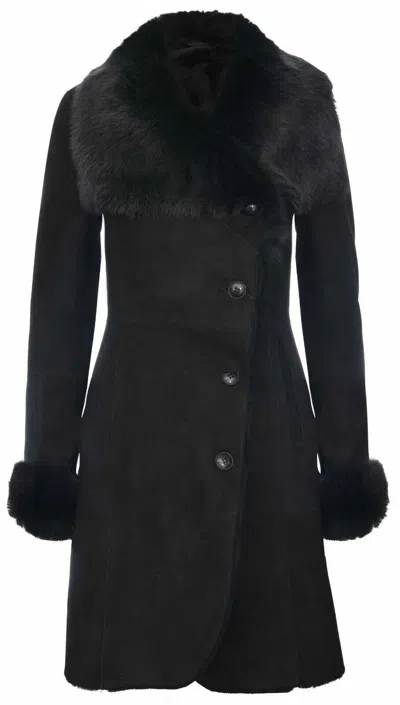 Pre-owned Infinity Ladies Warm Black Suede Merino Shearling Sheepskin Coat With Toscana Collar
