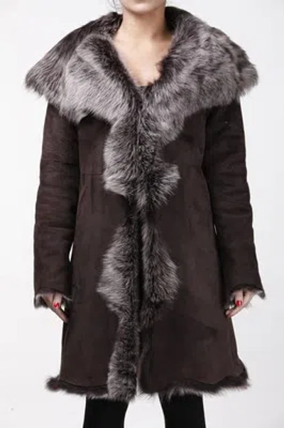 Pre-owned Infinity Ladies Women's Brown With Grey Real Toscana Sheepskin Leather Trench Hooded Coat In Gray
