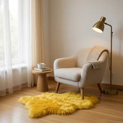 Infinity Leather Genuine Bright Yellow Sheepskin Natural Silky Soft Fluffy Real Wool Rug In Gold