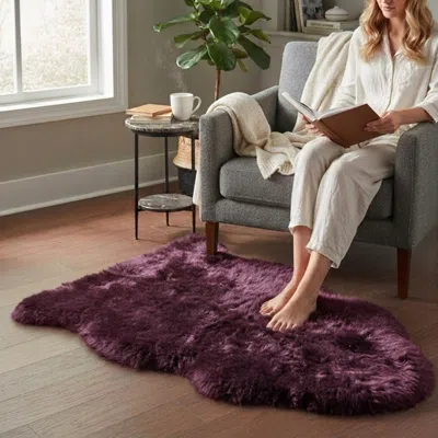 Infinity Leather Genuine Burgundy Sheepskin Natural Silky Soft Fluffy Real Wool Rug In Purple