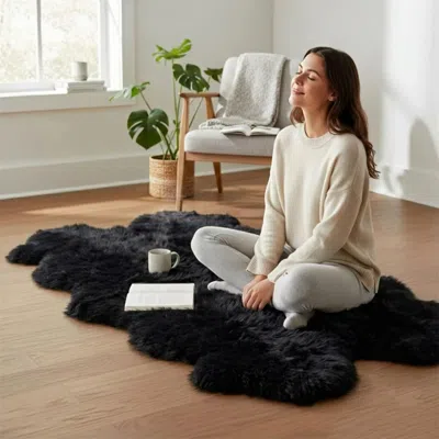 Infinity Leather Genuine Sheepskin Black Quad Natural Fluffy Silky Soft Real Wool Rug