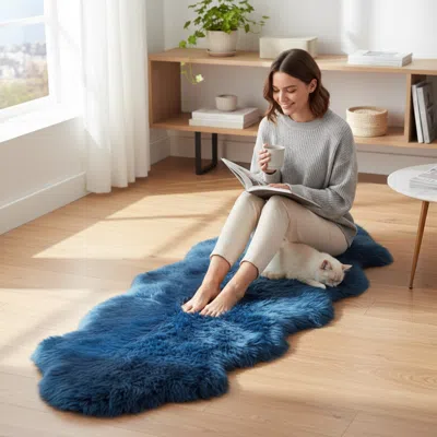 Infinity Leather Genuine Sheepskin Diamond Blue Double Natural Fluffy Silky Soft Real Wool Rug