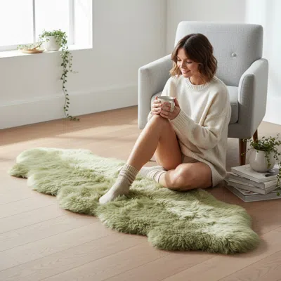 Infinity Leather Genuine Sheepskin Green Double Natural Fluffy Silky Soft Real Wool Rug