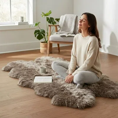 Infinity Leather Genuine Sheepskin Mushroom Quad Natural Fluffy Silky Soft Real Wool Rug In Neutral