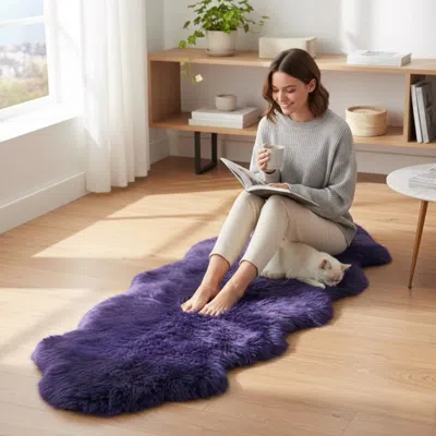 Infinity Leather Genuine Sheepskin Violet Double Natural Fluffy Silky Soft Real Wool Rug In Blue