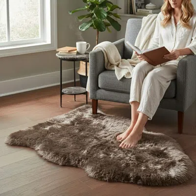 Infinity Leather Genuine Taupe Sheepskin Natural Silky Soft Fluffy Real Wool Rug In Brown