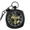 Infinity Leather Mechanical Silver Vintage Skeleton Square Open-face Pocket Watch In Black