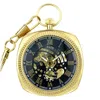 Infinity Leather Mechanical Silver Vintage Skeleton Square Open-face Pocket Watch In Gold